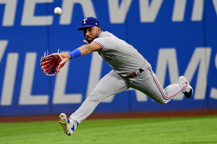 Sep 15, 2023; Cleveland, Ohio, USA; Texas Rangers left fielder Ezequiel Duran (21) can not make the catch of an RBI double hit by Cleveland Guardians first baseman Josh Naylor (not pictured) during the sixth inning at Progressive Field. Mandatory Credit: Ken Blaze-USA TODAY Sports